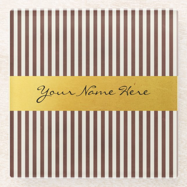 Custom Brown & Cream Vertical Textured Stripes Glass Coaster (Front)