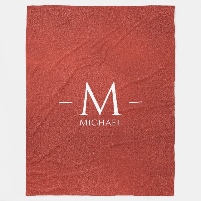 Custom Brown Leather Look Monogram Template Fleece Blanket (Front)