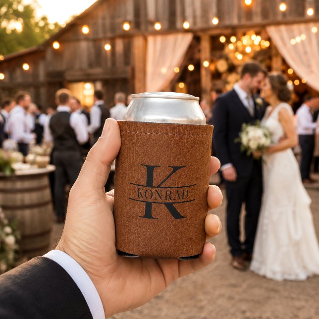 Custom Brown Leather Print Monogram Can Cooler (Creator Uploaded)