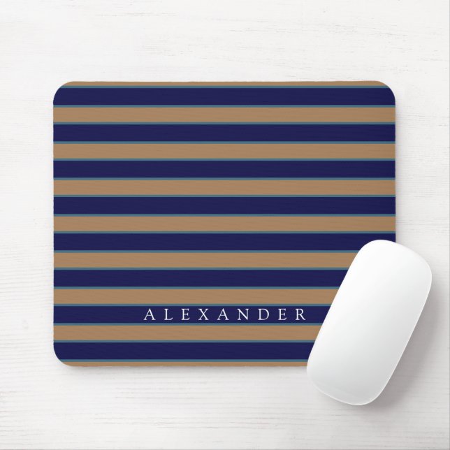 Custom Brown Navy Blue Stripes Monogrammed Mouse Pad (With Mouse)