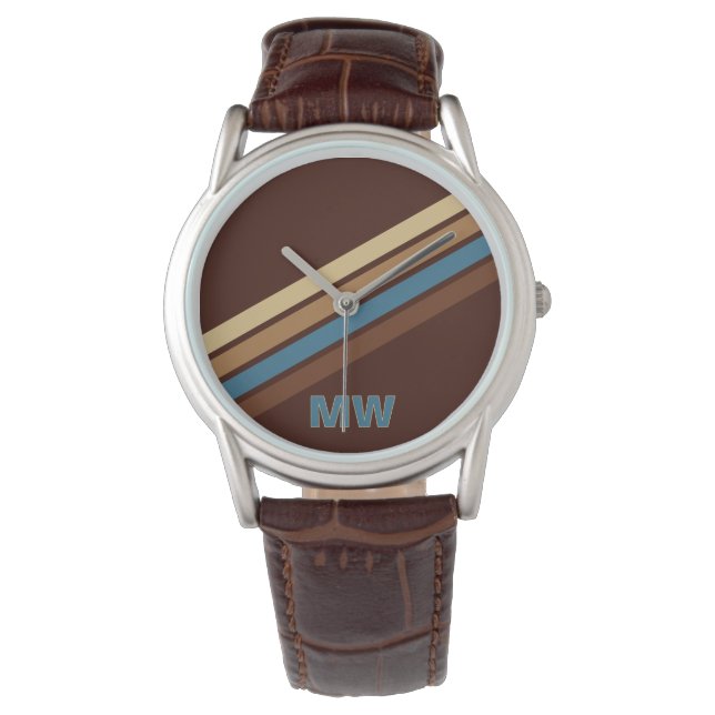 Custom Brown Teal Blue Ivory Stripes Pattern Watch (Front)