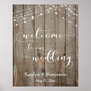 Custom Brown Wood & Lights Wedding Welcome Sign