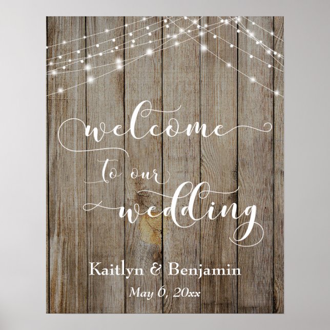 Custom Brown Wood & Lights Wedding Welcome Sign (Front)