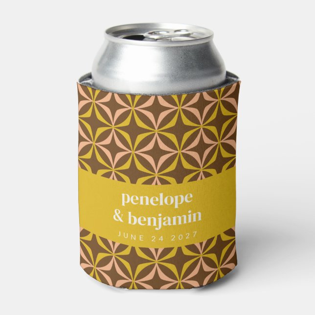 Custom Brown Yellow Retro Typography Wedding Can Cooler (Can Front)