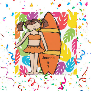 Custom Brunette Girl Surfer Birthday Invites