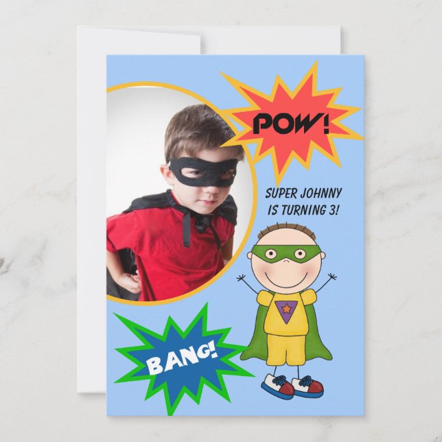 Custom Brunette Super Hero Boy Birthday Invite (Front)