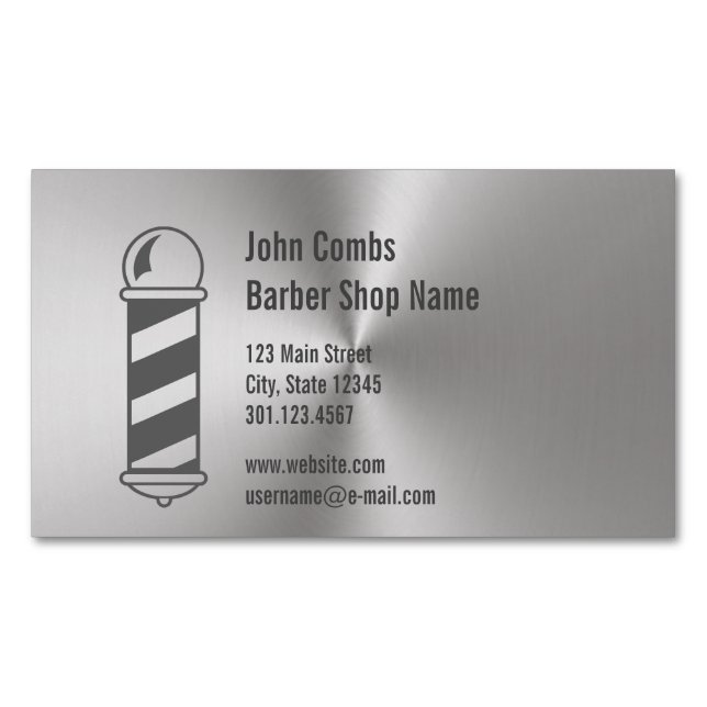 Custom Brushed Metal Look for Barber Magnetic Business Card (Front)