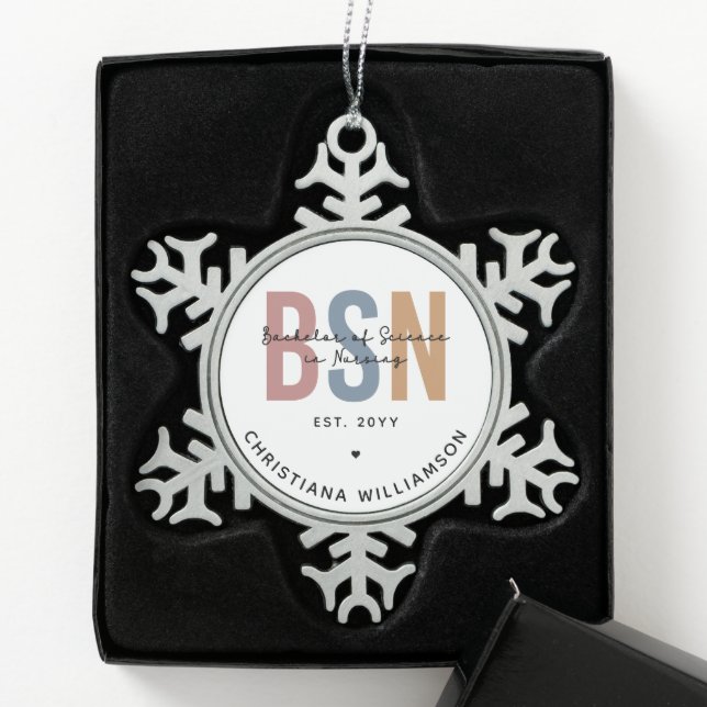 Custom BSN Bachelor of Science in Nursing Snowflake Pewter Christmas Ornament (Box)