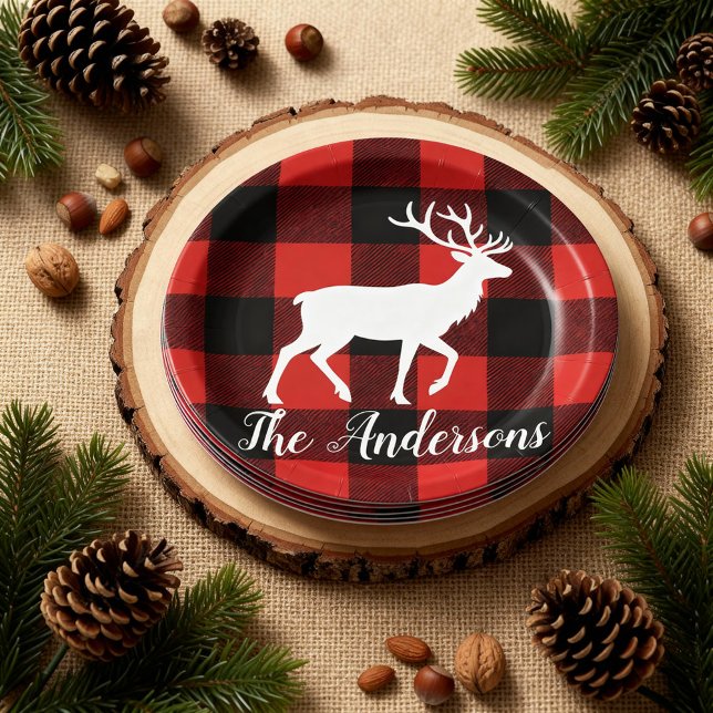 Custom Buffalo Plaid Deer Christmas Party Plates  (Creator Uploaded)