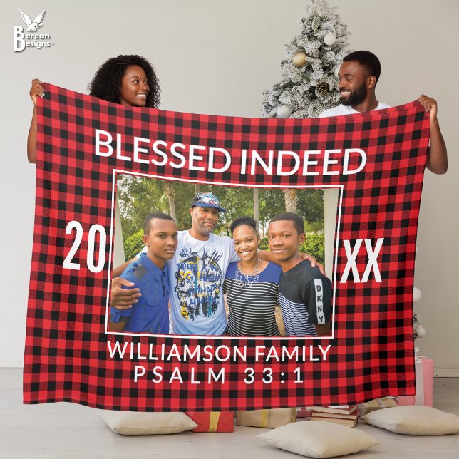 Custom Buffalo Plaid Family Christian Christmas  Fleece Blanket (Cozy buffalo plaid CHRISTMAS FAMILY PHOTO BLANKET w/ customizable photo and text. Ideal family gift)