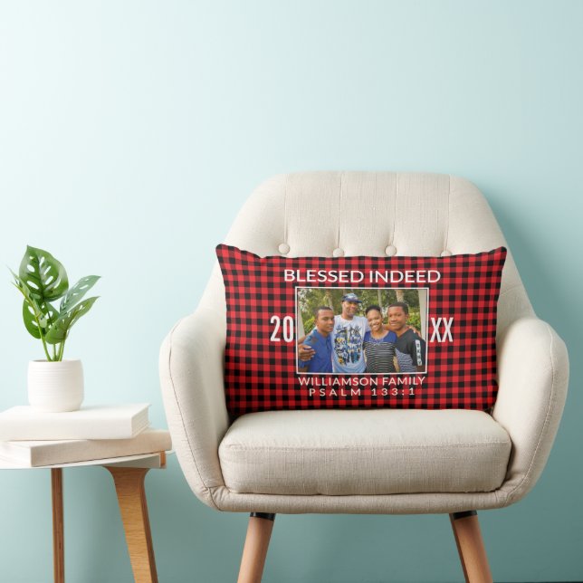 Custom Buffalo Plaid Family Christian Christmas  Lumbar Cushion (Chair)