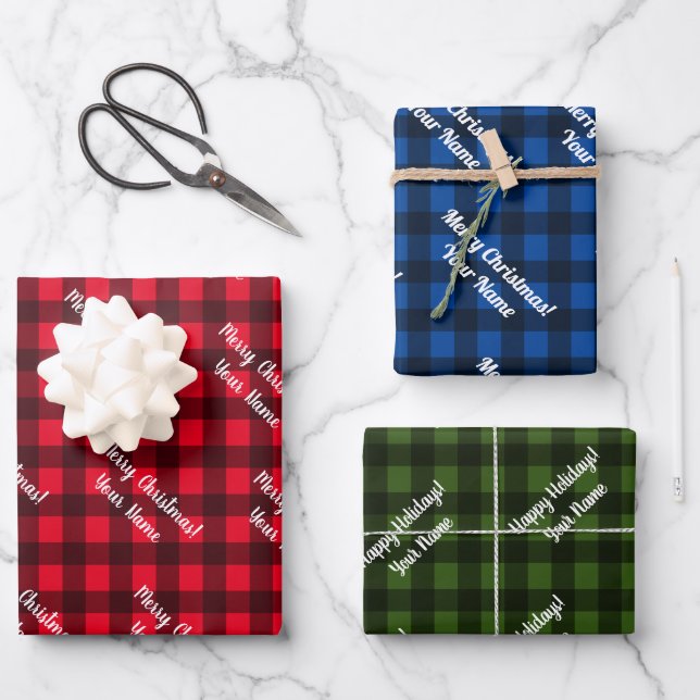 Custom buffalo plaid gingham check Merry Christmas Wrapping Paper Sheet (Front)