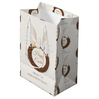 Custom Bunny Ears Wreath Easter Nest Pattern Ivory Medium Gift Bag