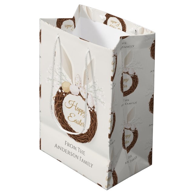 Custom Bunny Ears Wreath Easter Nest Pattern Ivory Medium Gift Bag (Front Angled)