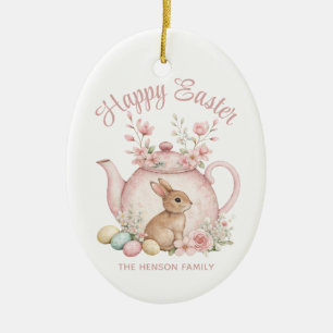 Custom Bunny & Pink Floral Teapot Happy Easter Ceramic Ornament