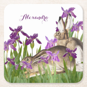 Custom Bunny Rabbit Purple Iris Floral  Square Paper Coaster