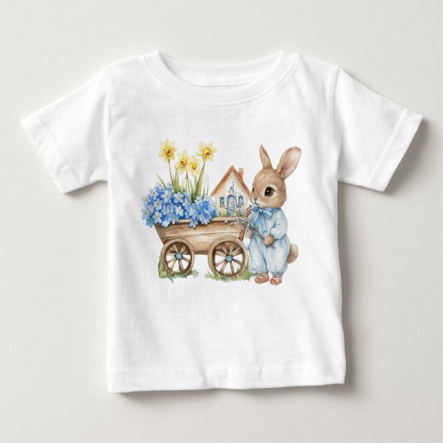 Custom Bunny with Blue Flowers Baby T-Shirt (Front)