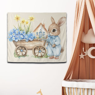 Custom Bunny with Blue Flowers Backdrop Tapestry