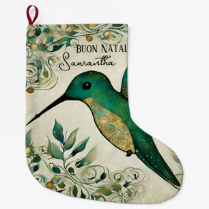 Custom Buon Natale Italian Green Hummingbird  Large Christmas Stocking