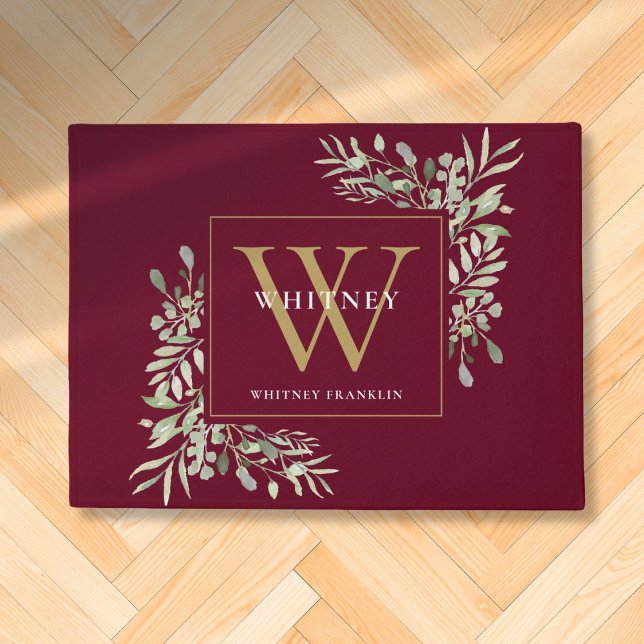 Custom Burgundy And Gold Monogram Greenery Floral Doormat (Custom Burgundy And Gold Monogram Greenery Floral Doormat)