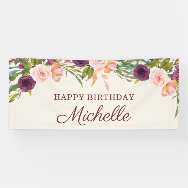 Custom Burgundy Blush Pink Floral Happy Birthday Banner (Horizontal)