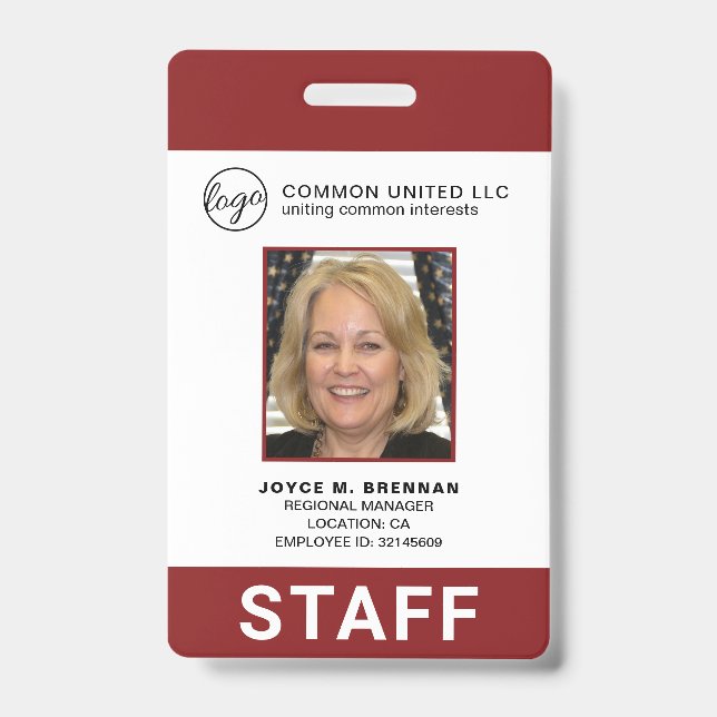 Custom Burgundy Business Logo Employee Photo ID Badge (Front)