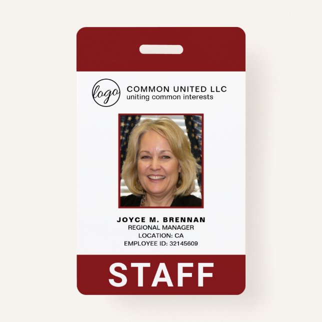 Custom Burgundy Business Logo Employee Photo ID ID Badge (Front)