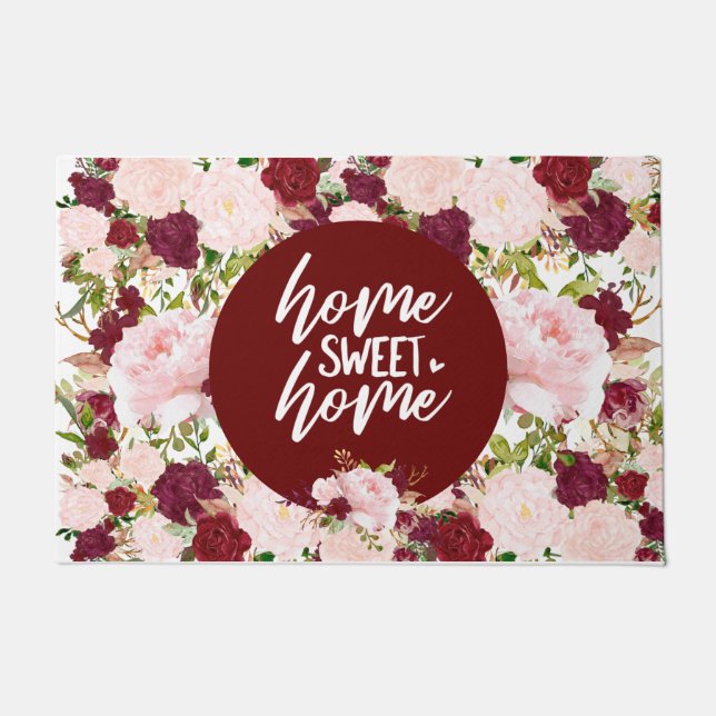 Custom Burgundy Floral Home Sweet Home Doormat (Front)