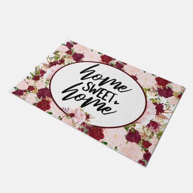 Custom Burgundy Floral Home Sweet Home Doormat (Angled)