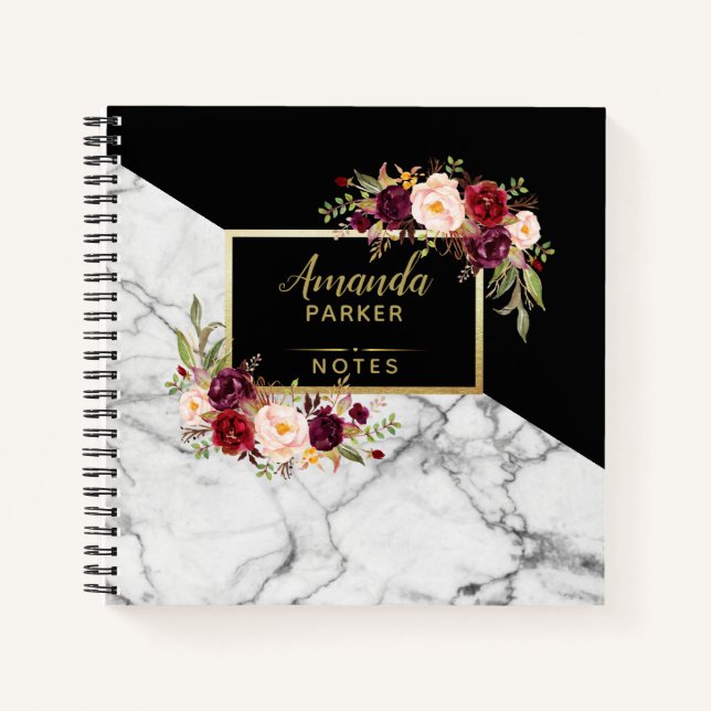 Custom Burgundy Floral Marble Gold Designer Notes Notebook (Front)