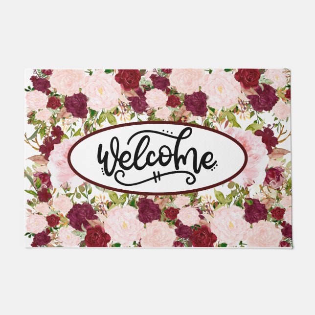 Custom Burgundy Floral Welcome Doormat (Front)