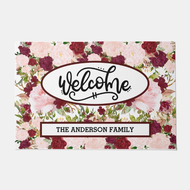 Custom Burgundy Floral Welcome Doormat (Front)
