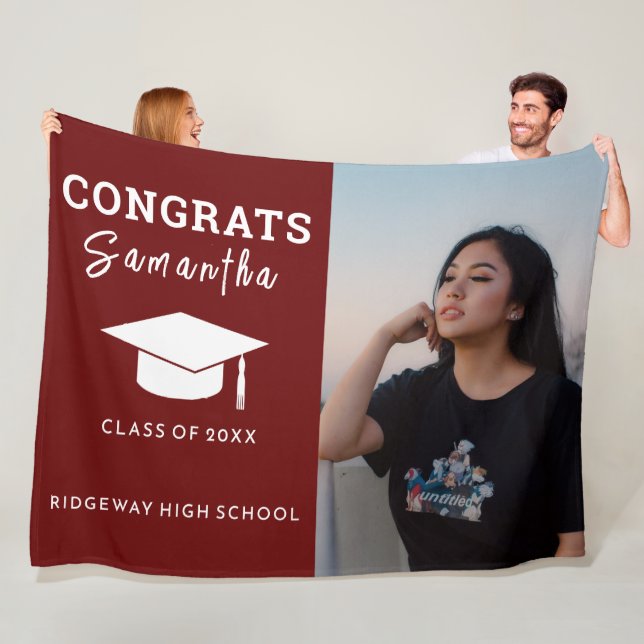 Custom Burgundy Graduation Photo Class of 20XX Fle Fleece Blanket (In Situ)