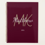 Custom Burgundy Monogram Initial Name Minimalist Planner<br><div class="desc">Personalise and add your name,  monogram initials,  and year. (any year) golden and white letters. The name is written with a hand lettered style script.</div>