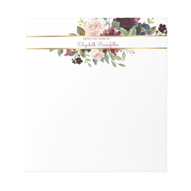 Custom Burgundy Navy Gold Boho Floral Bouquet  Notepad (Front)