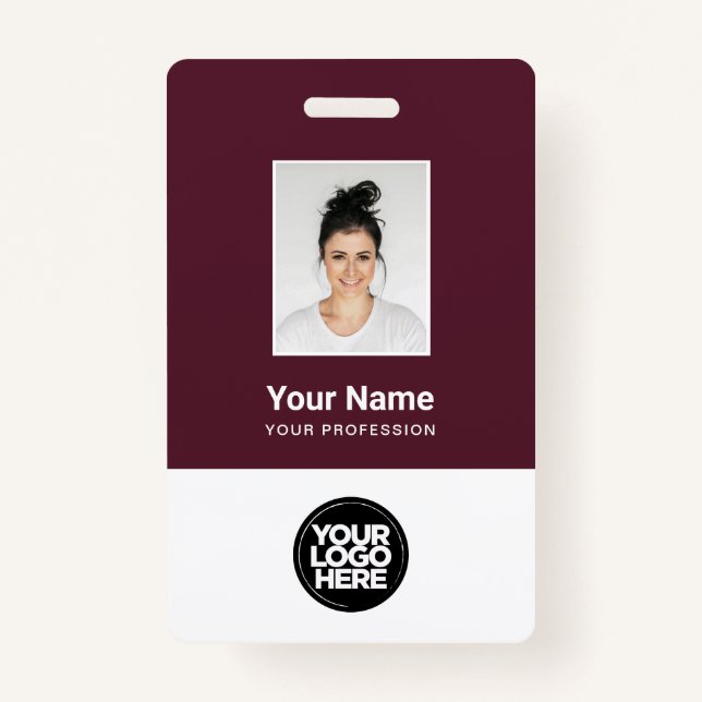 Custom Burgundy Red Employee Photo, Bar Code, Logo ID Badge (Front)