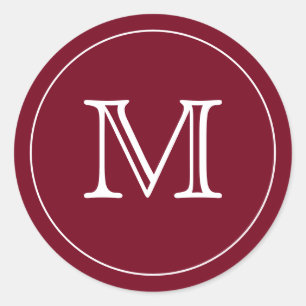Custom Burgundy Red White Monogram Letter Classic Round Sticker