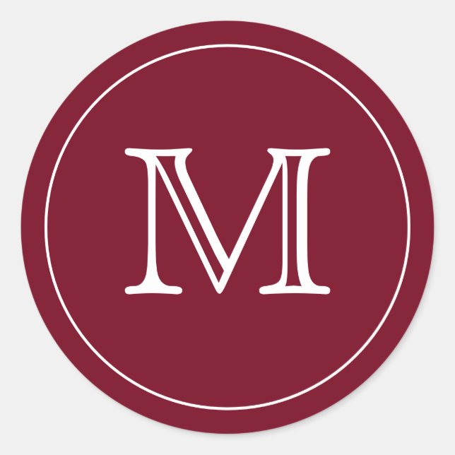 Custom Burgundy Red White Monogram Letter Classic Round Sticker (Front)