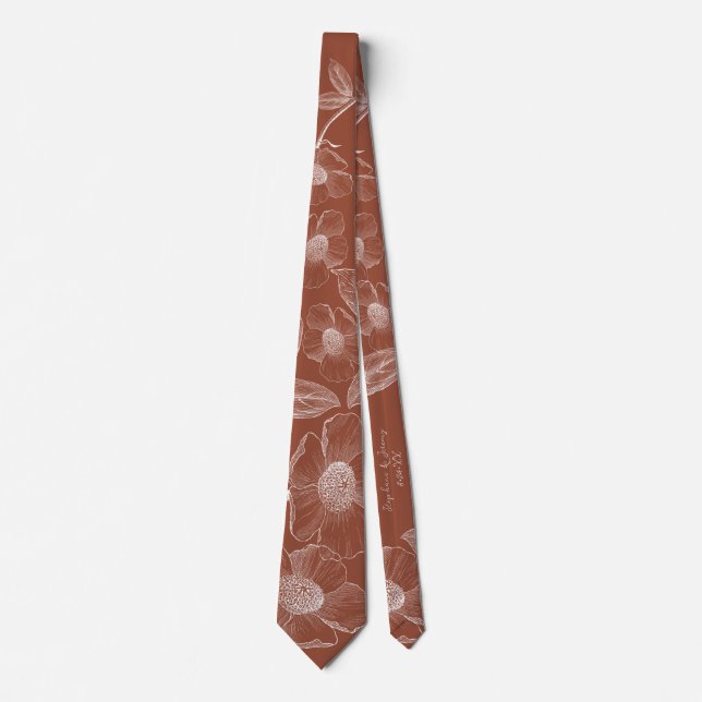 Custom Burnt Orange Line Art Wedding Neck Tie (Front)
