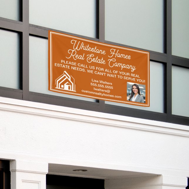 Custom Burnt Orange Real Estate Company Marketing Banner (Outside Building)