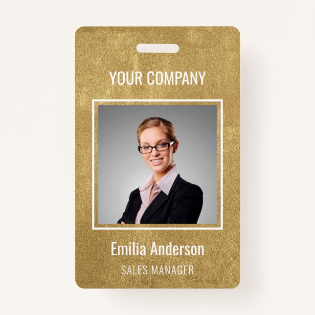 Custom Business Basic Employee Name Photo Gold ID Badge (Front)