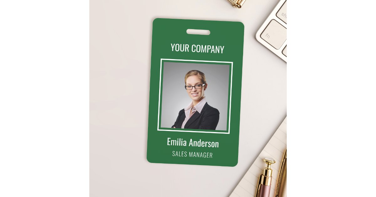 Custom Business Basic Employee Name Photo Green ID Badge | Zazzle