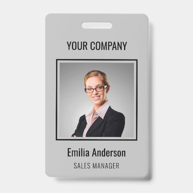 Custom Business Basic Employee Name Photo Grey ID Badge (Front)