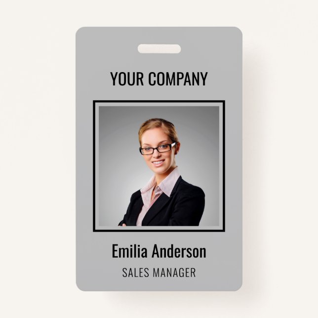 Custom Business Basic Employee Name Photo Grey ID Badge (Front)