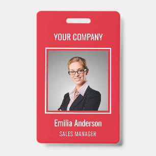 Custom Business Basic Employee Name Photo Red ID Badge