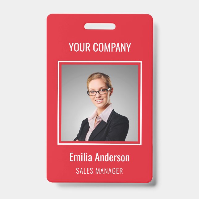 Custom Business Basic Employee Name Photo Red ID Badge (Front)
