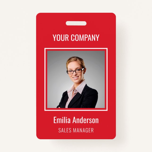 Custom Business Basic Employee Name Photo Red ID Badge (Front)