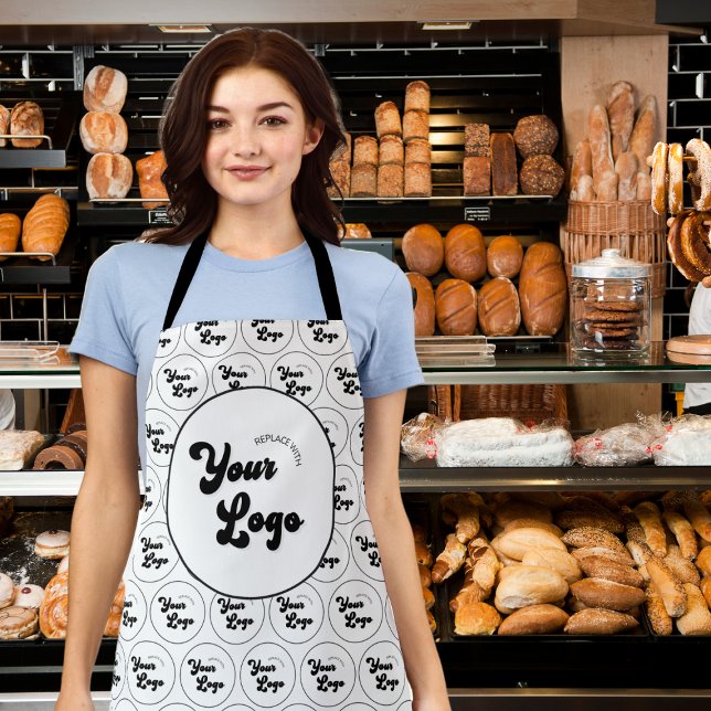 Custom Business Company Logo Pattern Black & White Apron (Creator Uploaded)