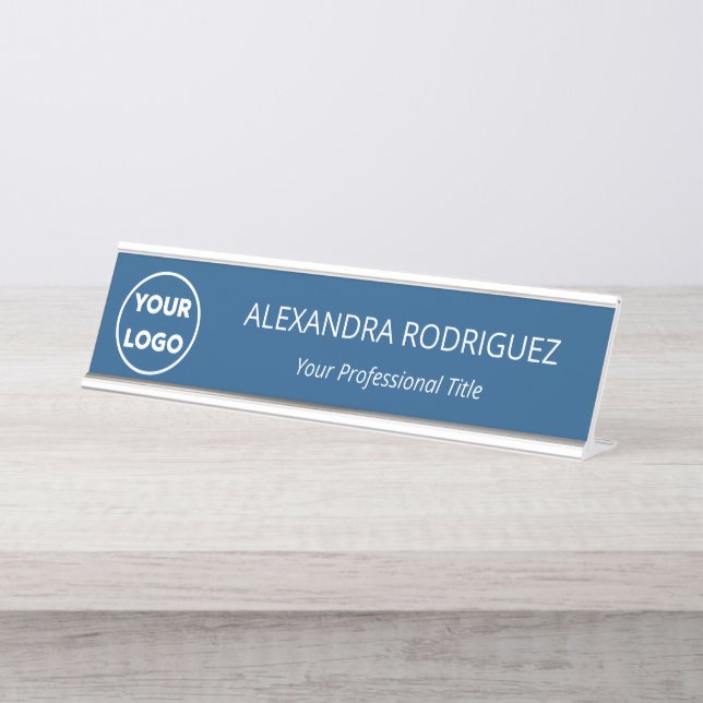 Custom Business Company Logo Professional Blue Desk Name Plate (Front)