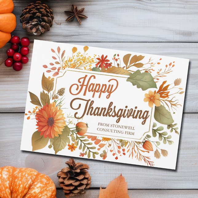 Custom Business Happy Thanksgiving Fall Flowers Holiday Card (Creator Uploaded)